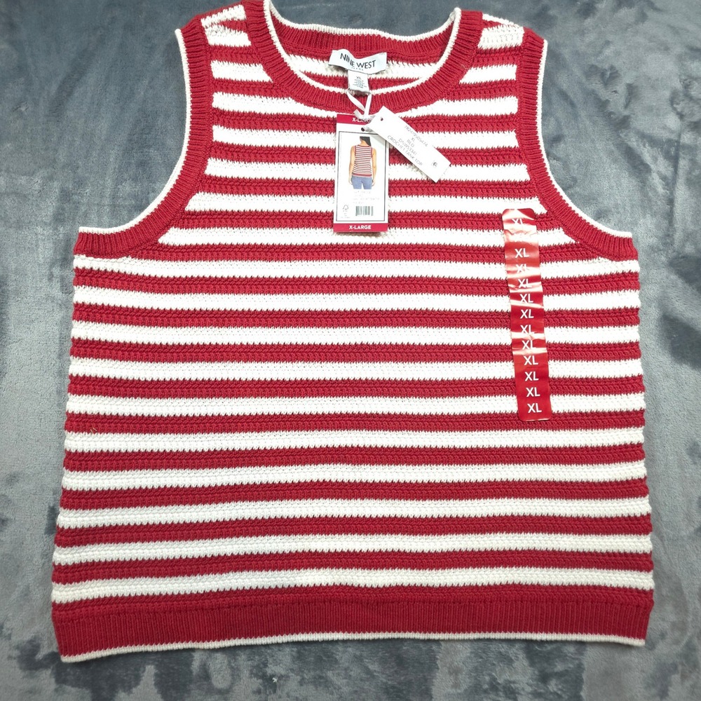 Nine West Womens Red White Striped Crochet Tank Top Sleeveless Knit DNWS3341 XL